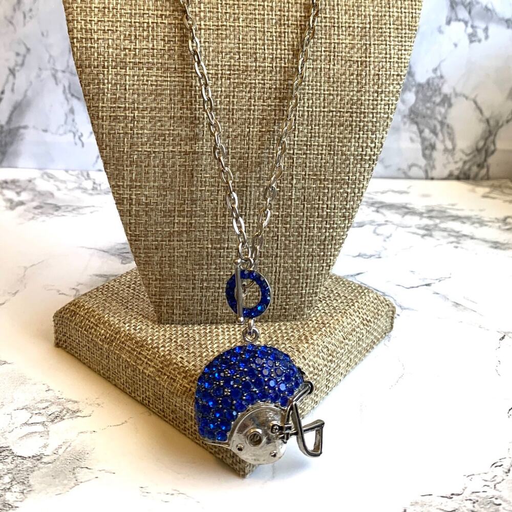 Football Helmet Necklace Silver Tone Blue Rhinestones Toggle Clasp ~17"